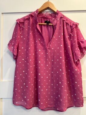 J. Crew Hot Pink Polka Dot Ruffle Sleeve Blouse